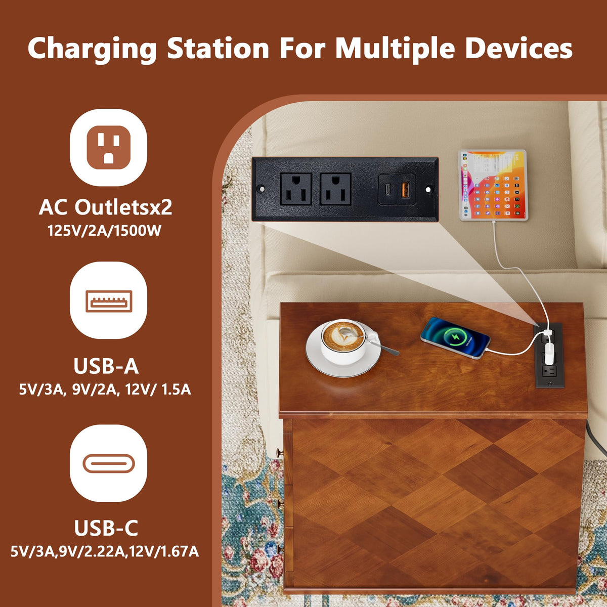 Solid Wood Narrow End Table with Charging Station Set of 2 E849227