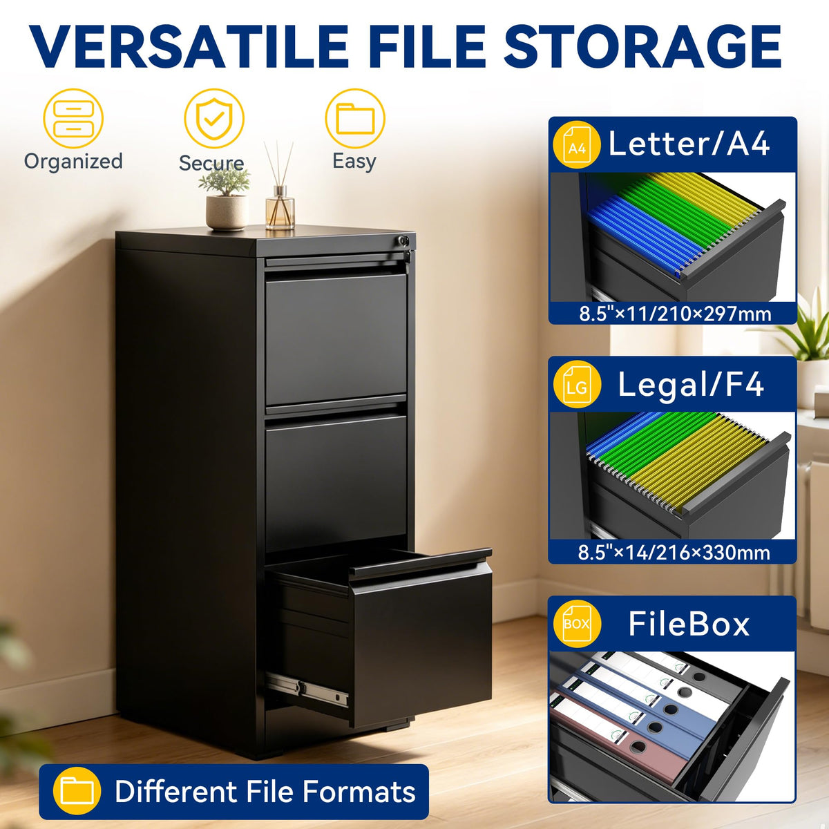 3 Drawer Black Metal File Cabinet with Lock S929458