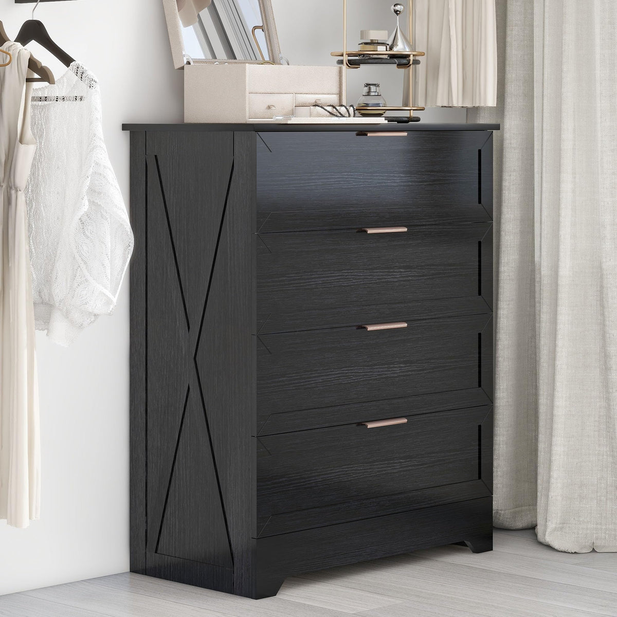 Modern Wide Wooden Chest of Drawers, Black G582