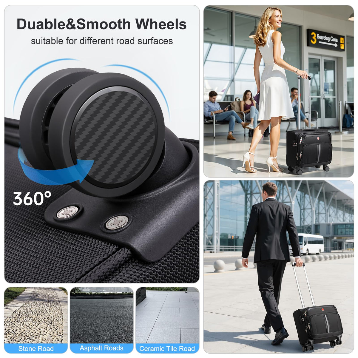 Black 16-Inch Underseat Carry-On Luggage with 4 Spinner Wheels D715