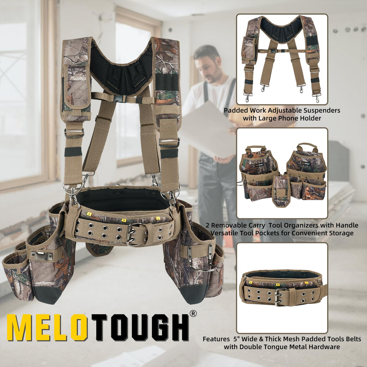 Camo Tool Belt with Suspenders Heavy Duty Carpenter Rig K2964