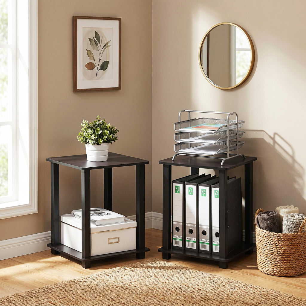 Set of 2 2-Tier Square Dark Walnut Bedside Table C950575