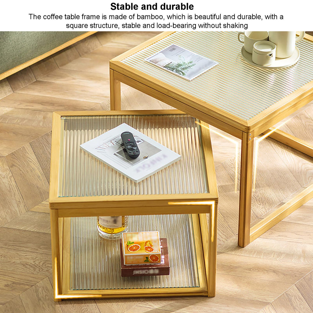 Square Glass Nesting Coffee Tables Set of 2 with Bamboo Frame O8515
