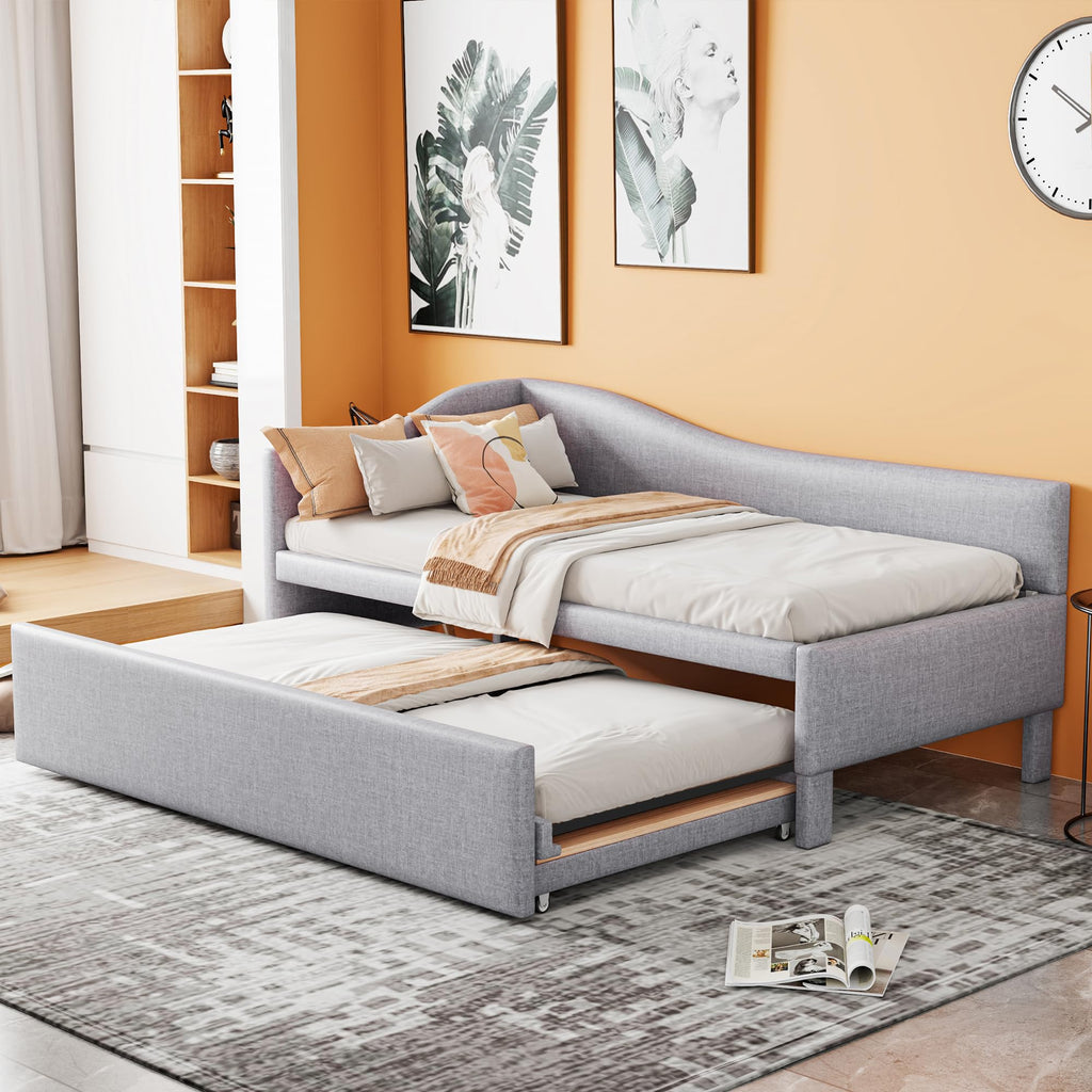 Twin Size Linen Upholstered Daybed with Pop up Trundle U552