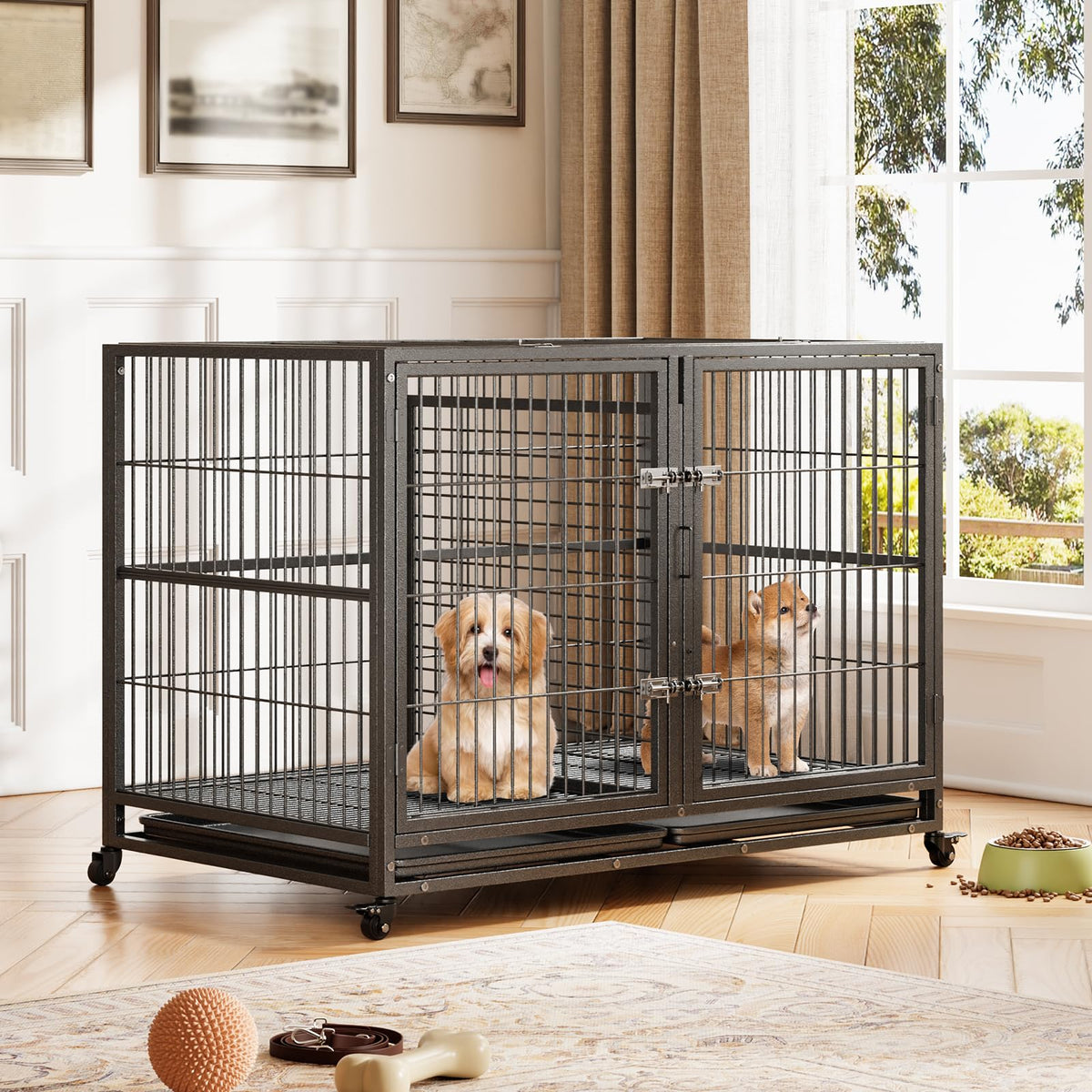 48 Inches Heavy Duty Metal Dog Crate with Divider and Wheels K257789