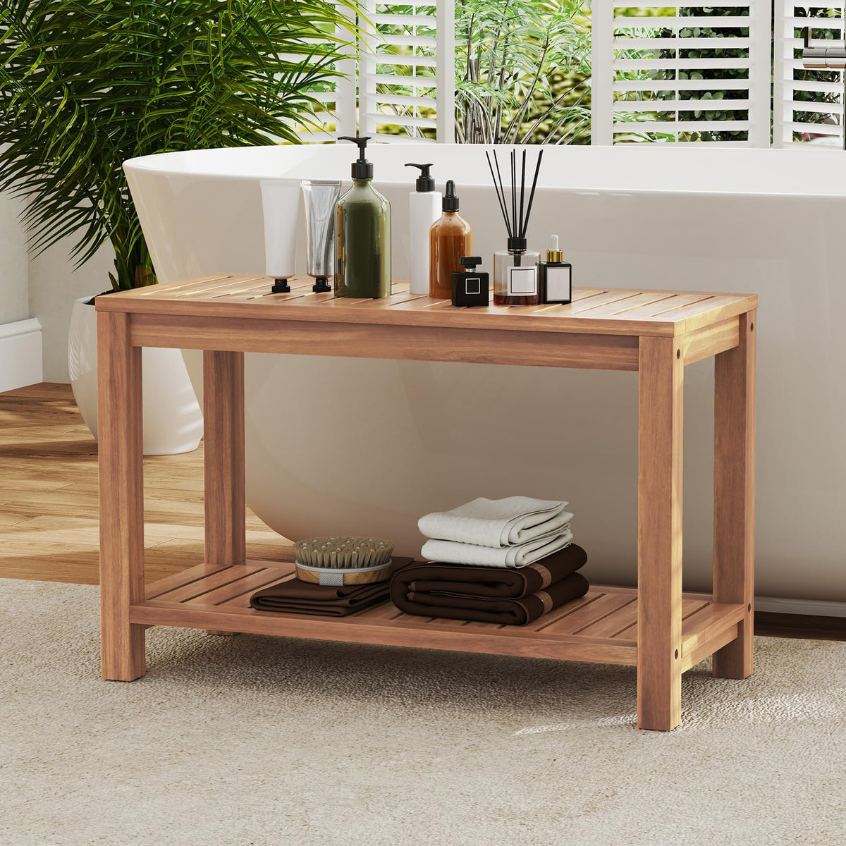 Teak Shower Bench with Shelf D63429