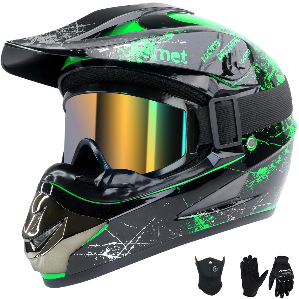 Youth Kids Full Face Dirt Bike Helmet 4Pcs Set DOT Approved Green XL X98842