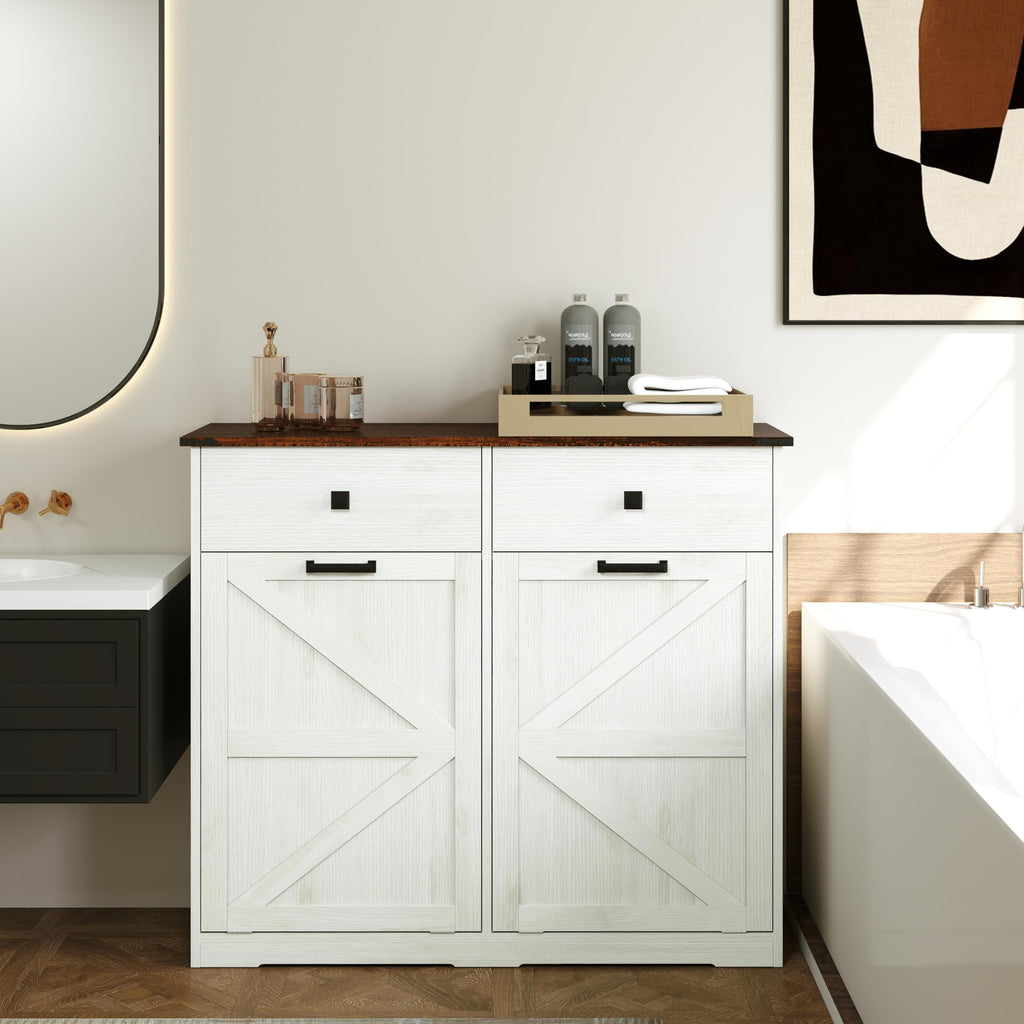 Double Tilt Out Trash Cabinet with Storage Drawers, Antique White O413303