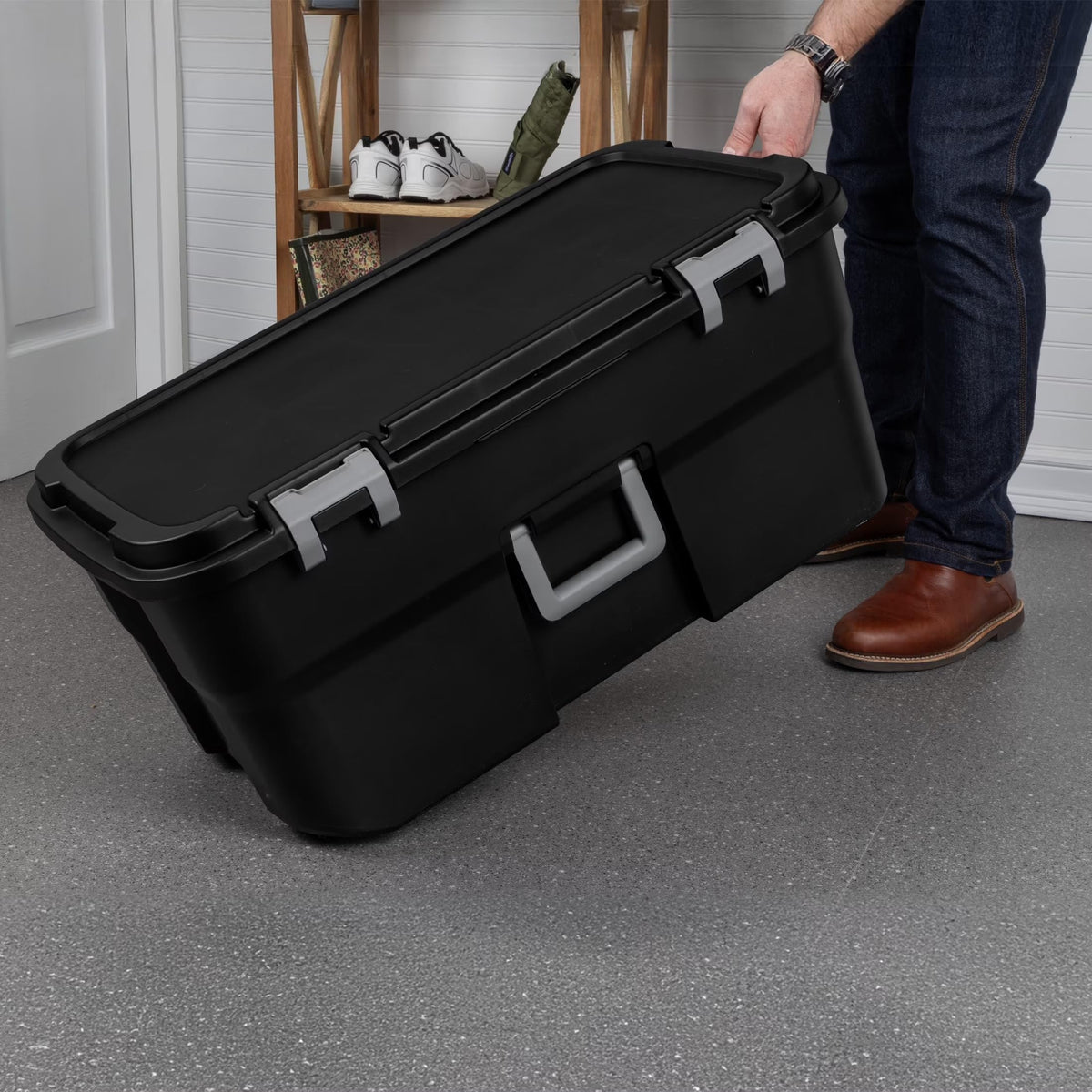 22 Gallon Black Wheeled Plastic Storage Trunk with Handle B72366