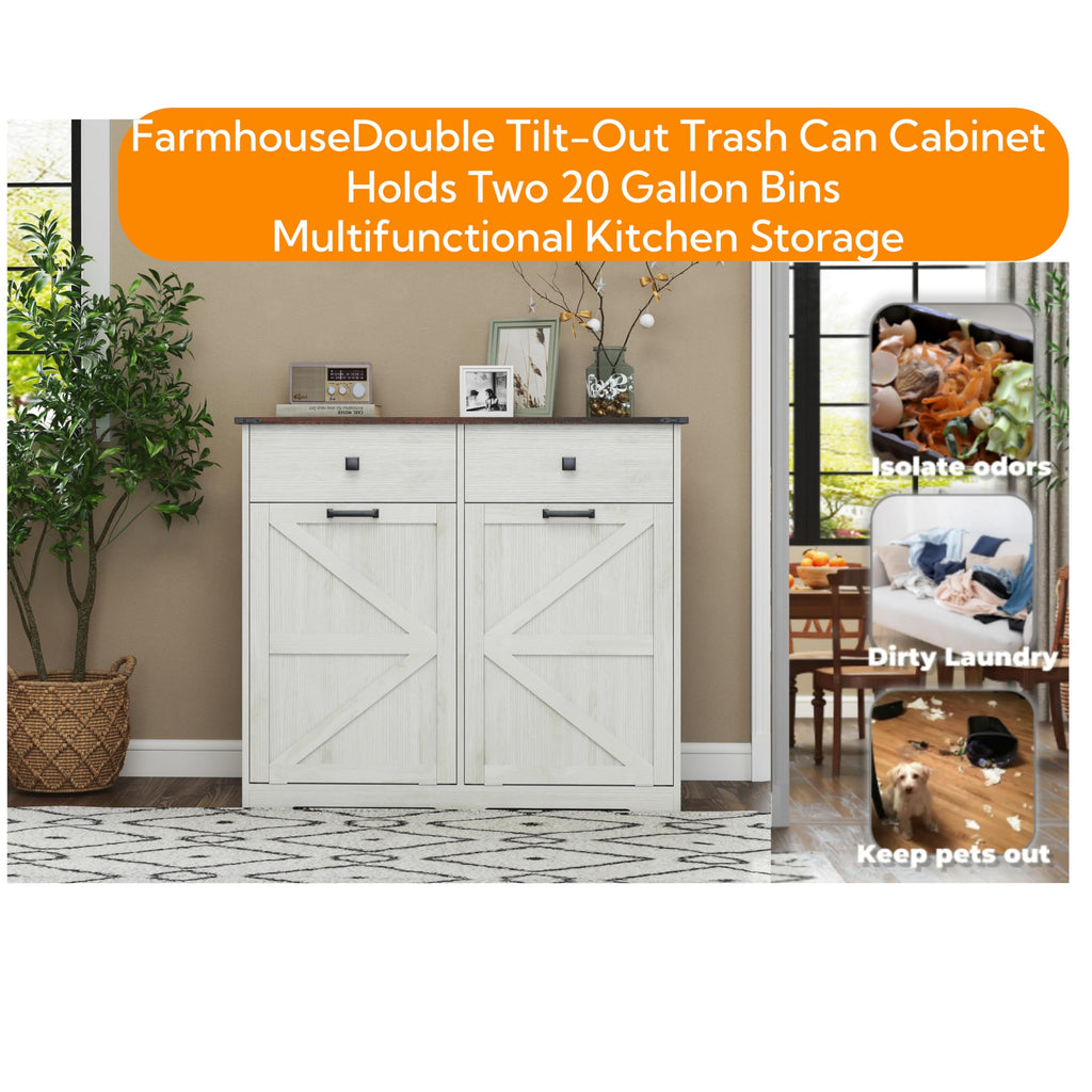 Double Tilt Out Trash Cabinet with Storage Drawers, Antique White O413303