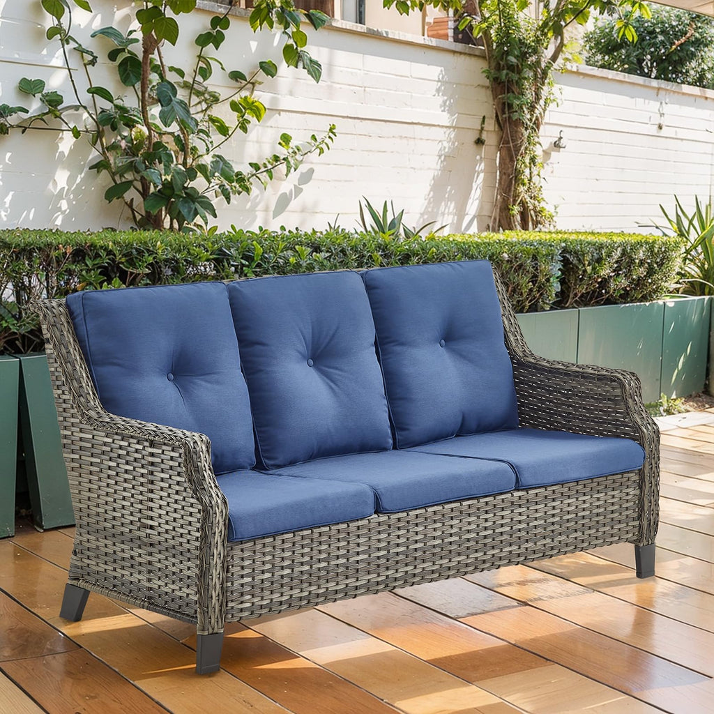 Grey Wicker 3pcs Patio Furniture Set with Blue Cushions E82680