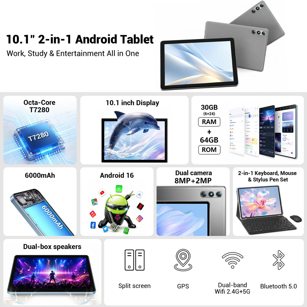 10.1" Android 16 Tablet with Keyboard, 30GB RAM 64GB ROM, Gray T810