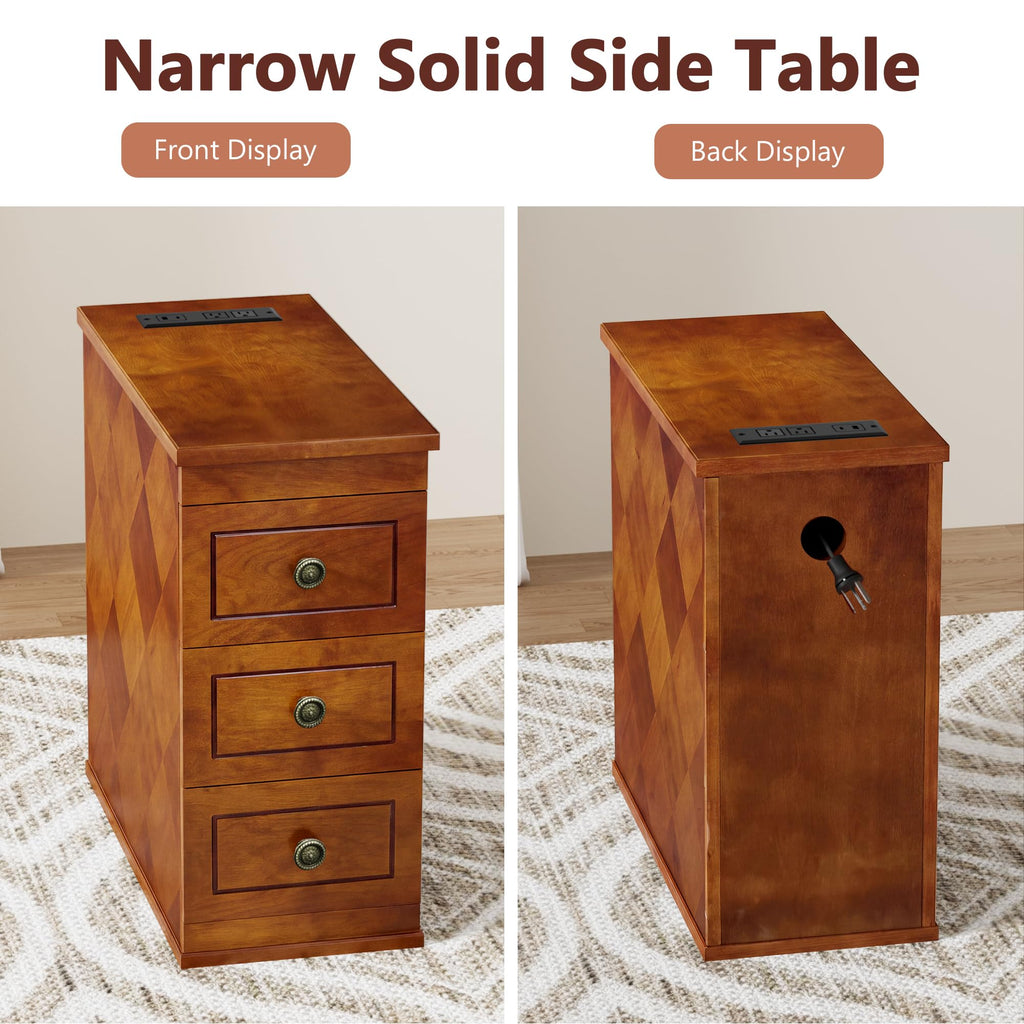Solid Wood Narrow End Table with Charging Station Set of 2 E849227