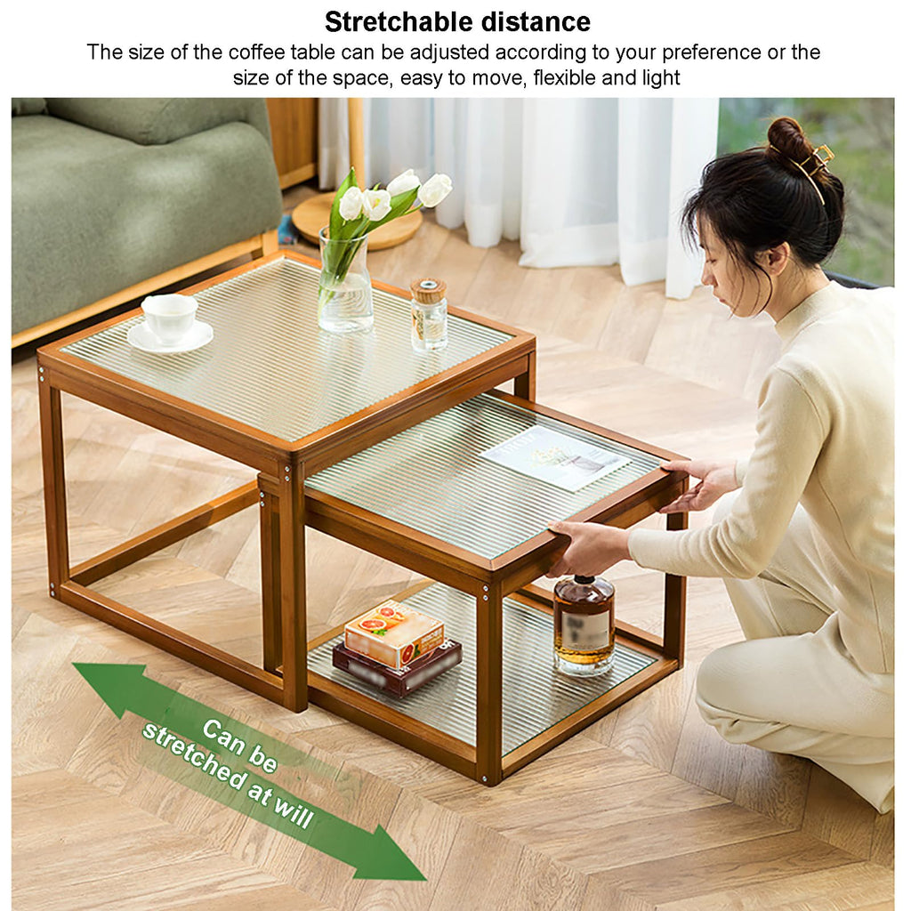 Square Glass Nesting Coffee Tables Set of 2 with Bamboo Frame O8515