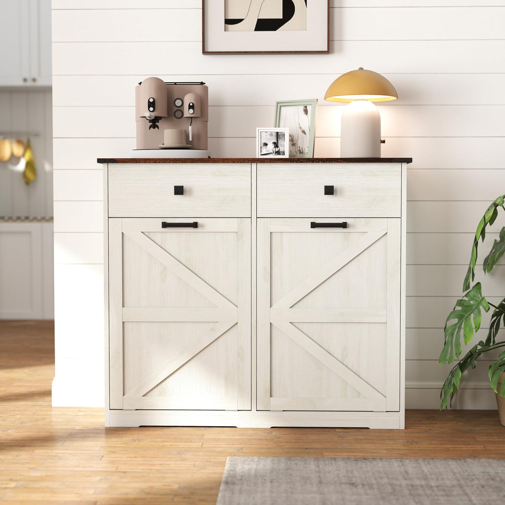 Double Tilt Out Trash Cabinet with Storage Drawers, Antique White O413303