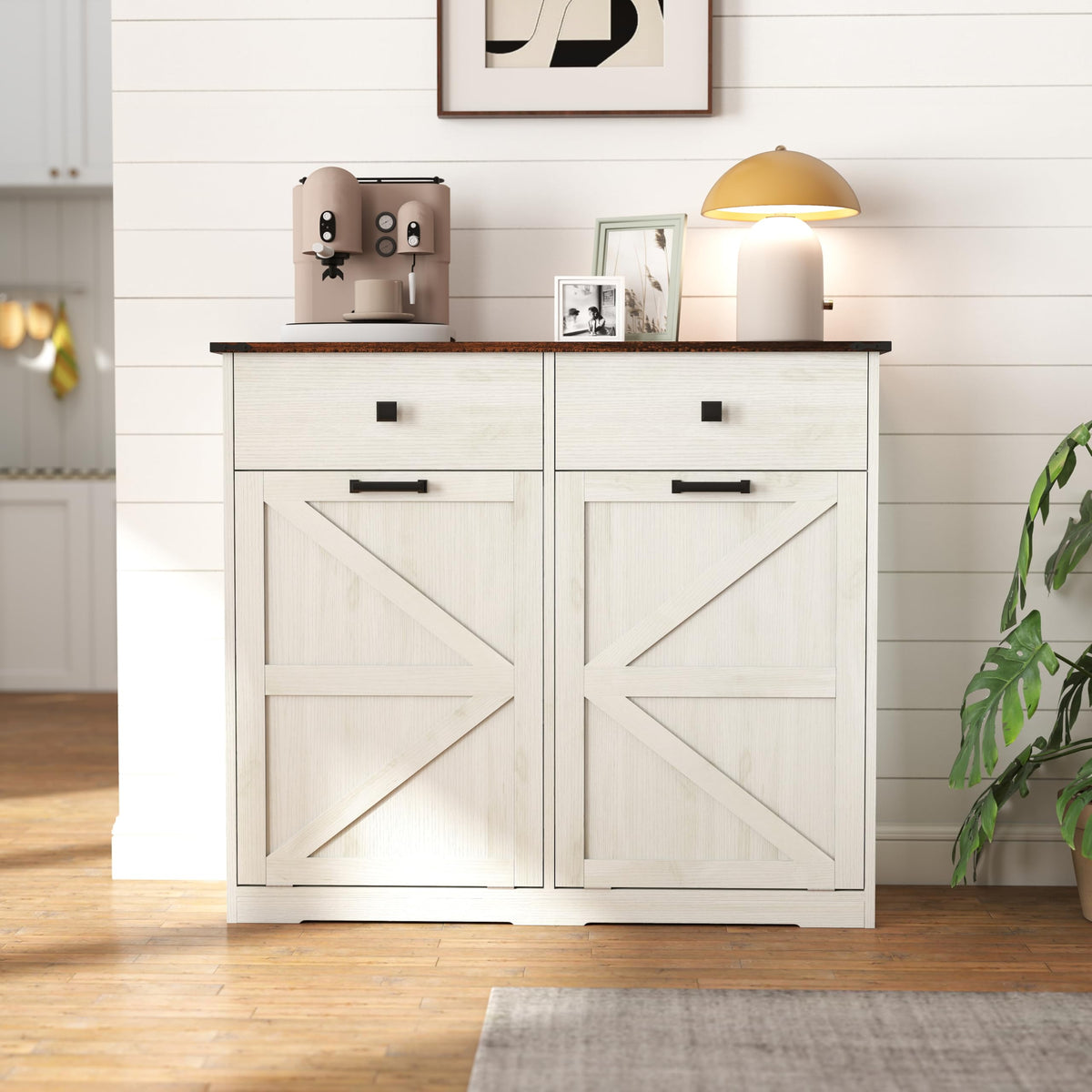 Double Tilt Out Trash Cabinet with Storage Drawers, Antique White O413303