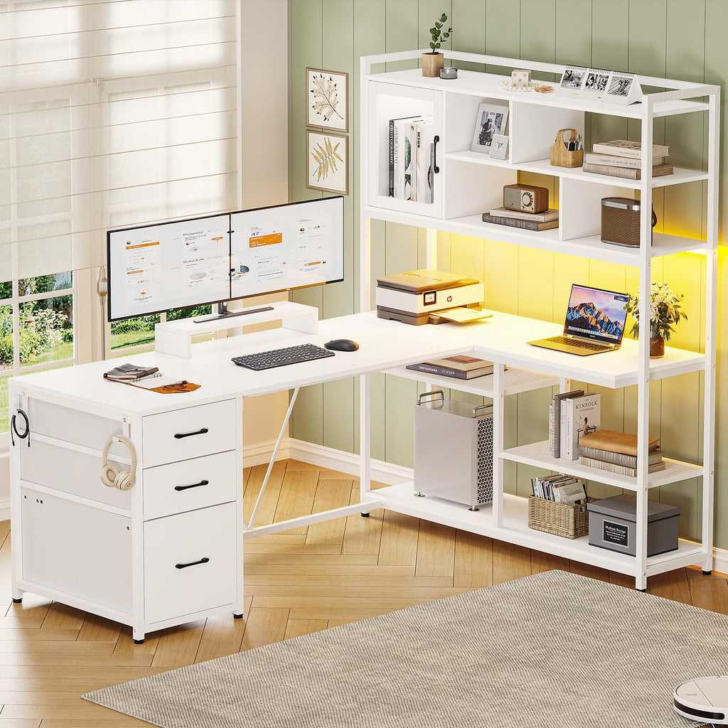 58'' L Shaped Computer Desk with 3 Drawers and Bookshelf A15907