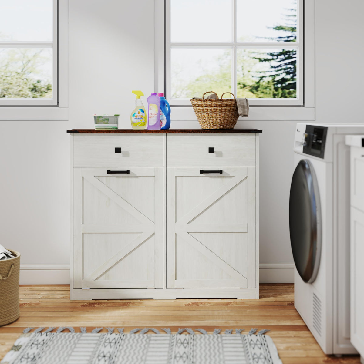 Double Tilt Out Trash Cabinet with Storage Drawers, Antique White O413303