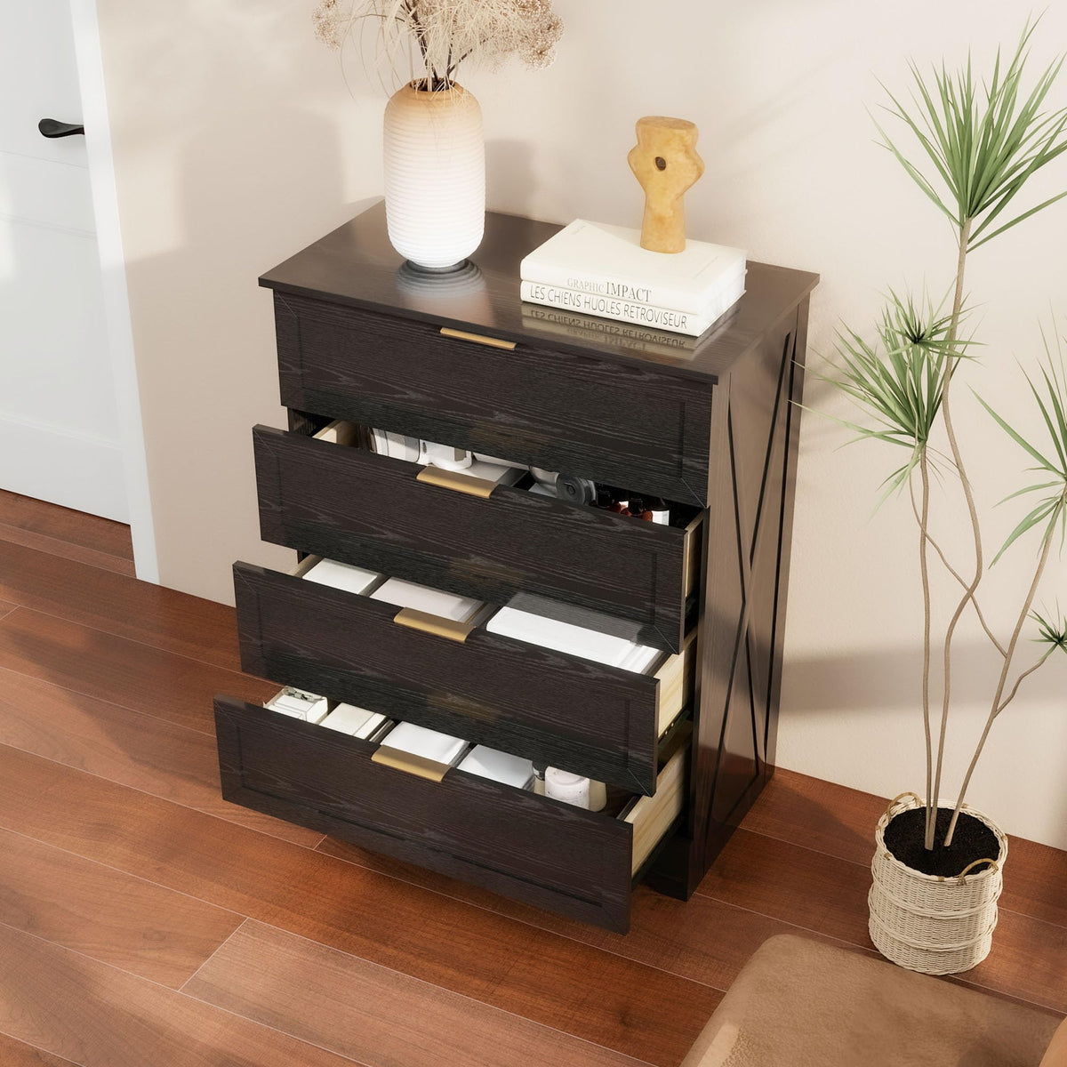 Modern Wide Wooden Chest of Drawers, Black G582