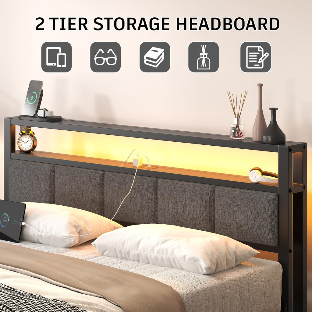 Light Grey Full Size Bed Frame with LED Lights and Charging Station Y14913