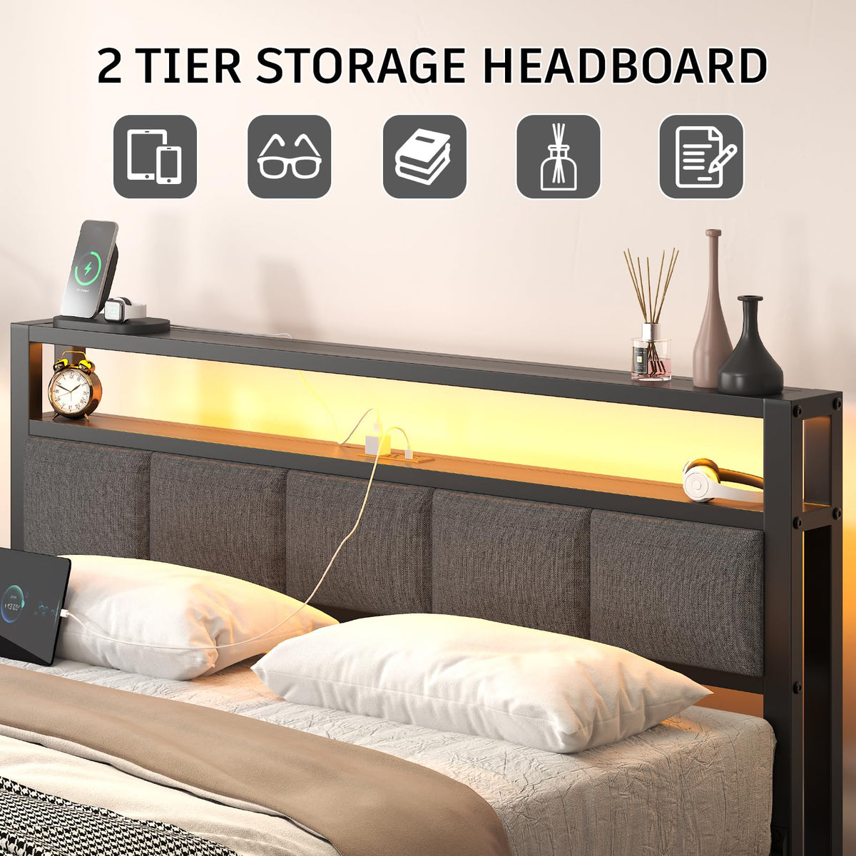 Light Grey Full Size Bed Frame with LED Lights and Charging Station Y14913
