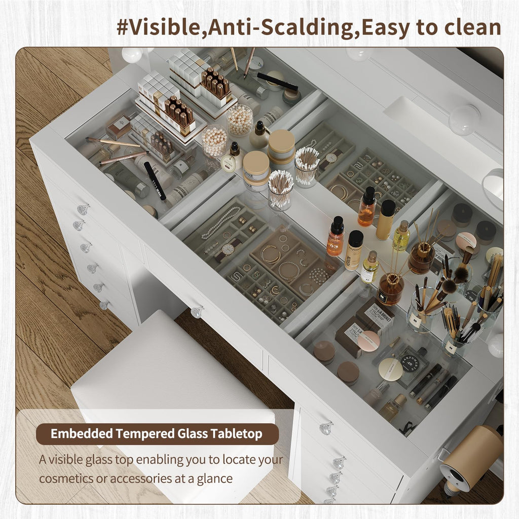 47" White Makeup Vanity with 13 Drawers and HD Mirror D621250