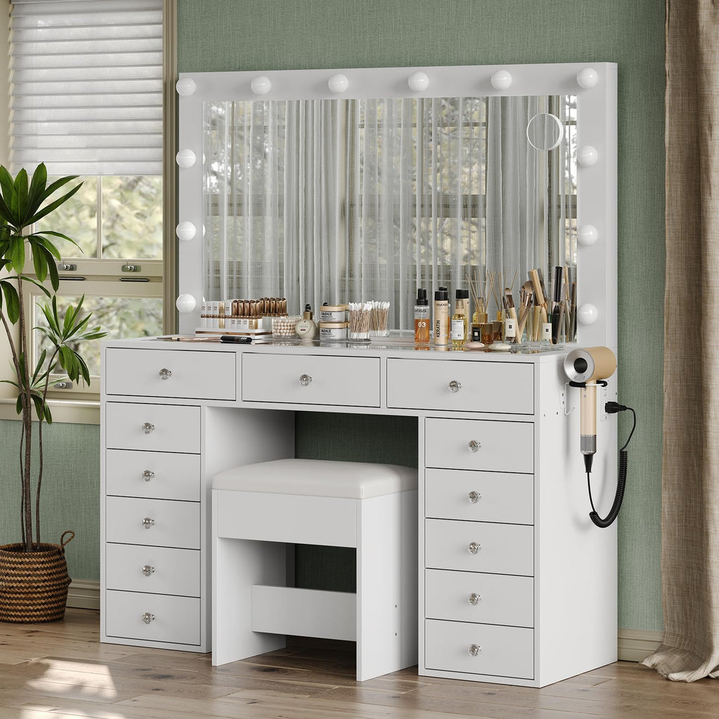 47" White Makeup Vanity with 13 Drawers and HD Mirror D621250