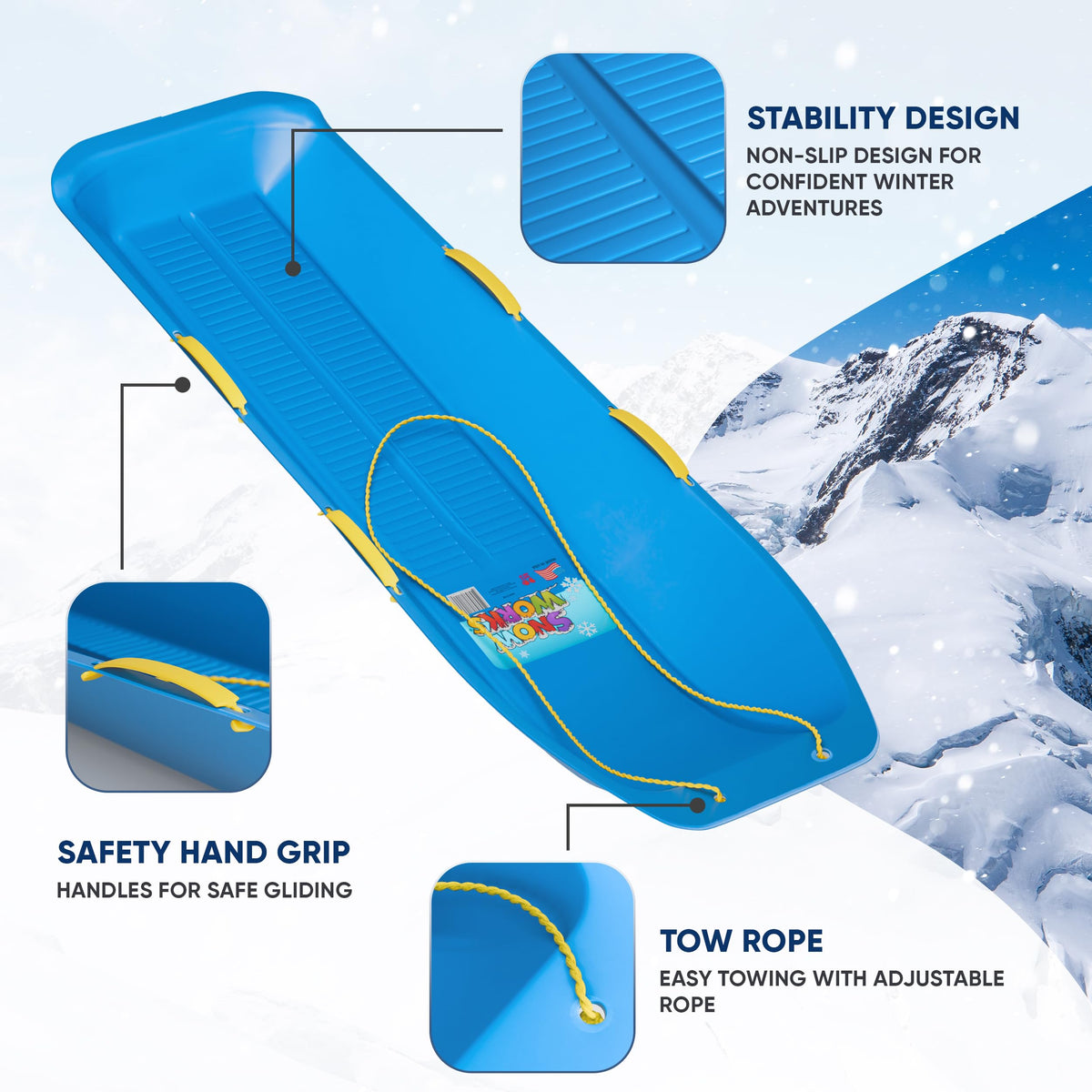 47.5" High-Density Plastic Toboggan Sled with Handles and Pull Rope O666