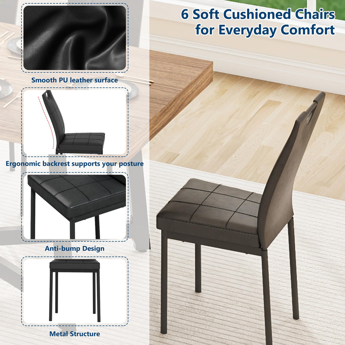 7 Pcs 71 inch Farmhouse Dining Table with Chairs Set for 6 Walnut E1415