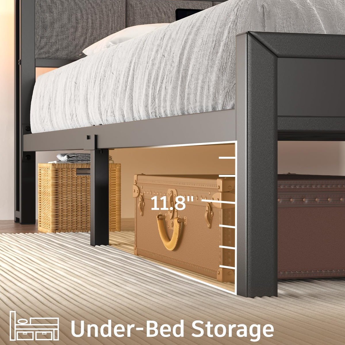 Light Grey Full Size Bed Frame with LED Lights and Charging Station Y14913