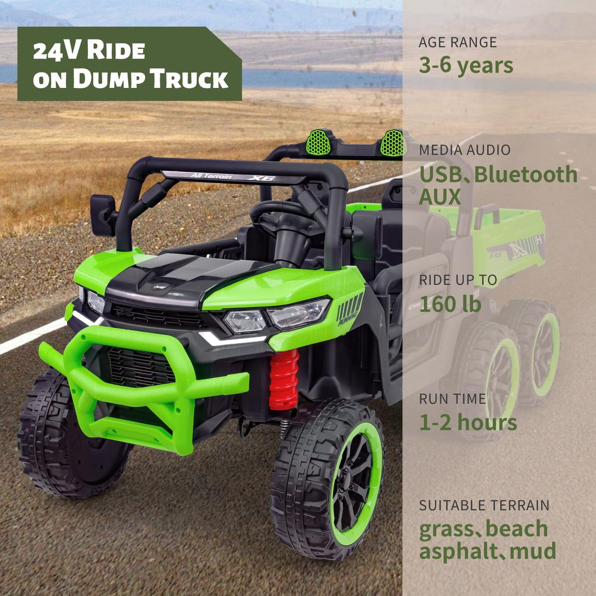24V 2 Seater 6x6 Electric Ride On Dump Truck with Remote Control, Green R39458