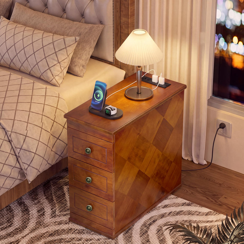Solid Wood Narrow End Table with Charging Station Set of 2 E849227