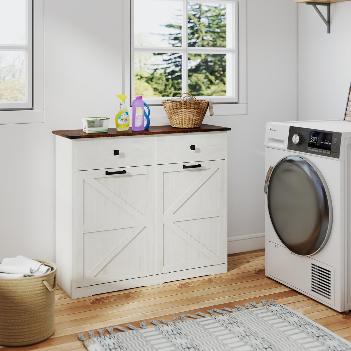 White Double Tilt Out Trash Can Cabinet E958