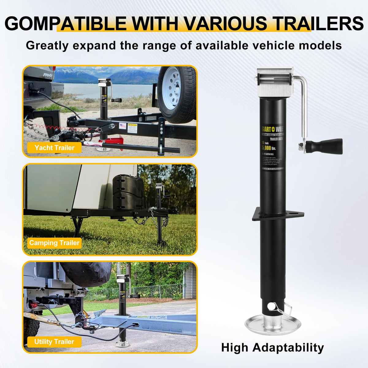 5000 lbs A-Frame Trailer Jack, 15" Vertical Travel with Adjustable Drop Leg E4747