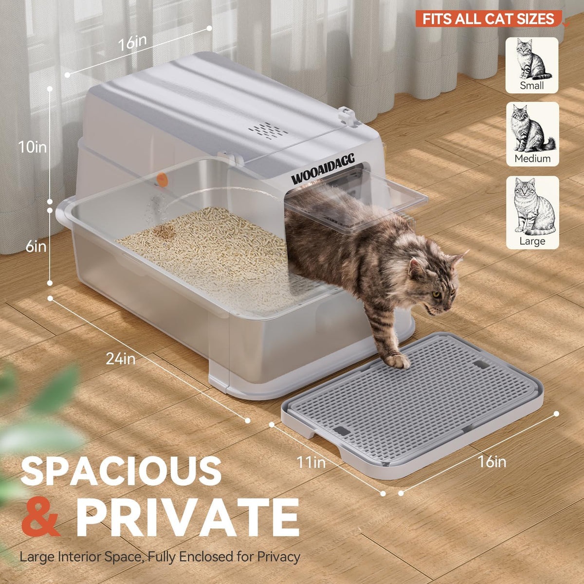 Enclosed Stainless Steel Cat Litter Box with Drawer and Flip Door, Extra Large Light Grey Y5697