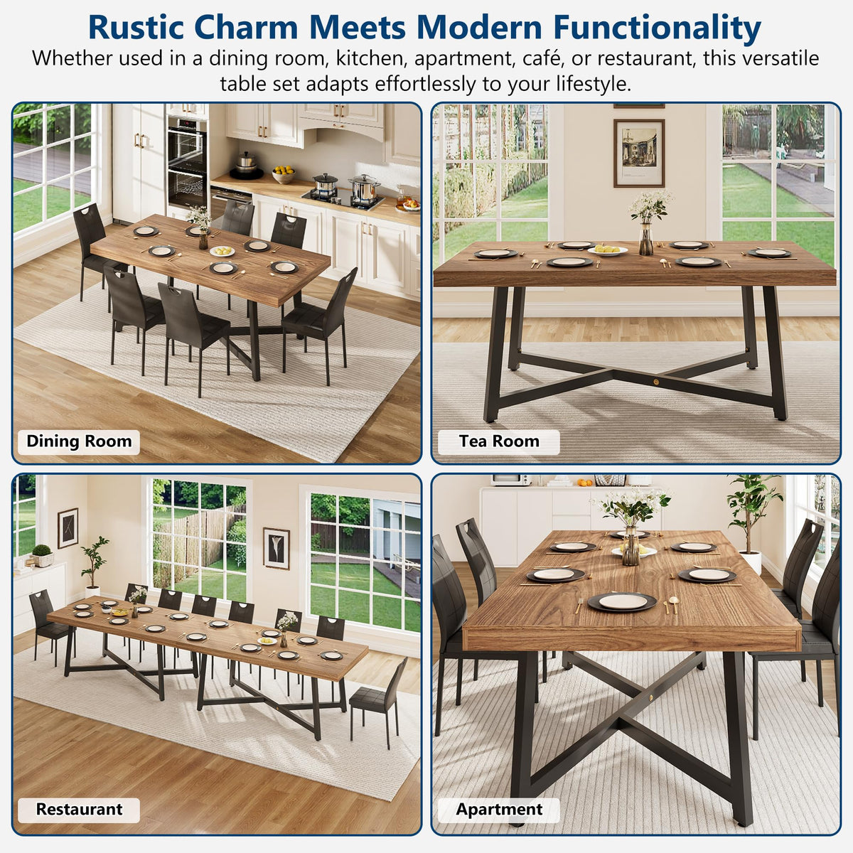 7 Pcs 71 inch Farmhouse Dining Table with Chairs Set for 6 Walnut E1415