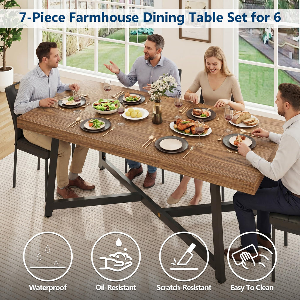 7 Pcs 71 inch Farmhouse Dining Table with Chairs Set for 6 Walnut E1415