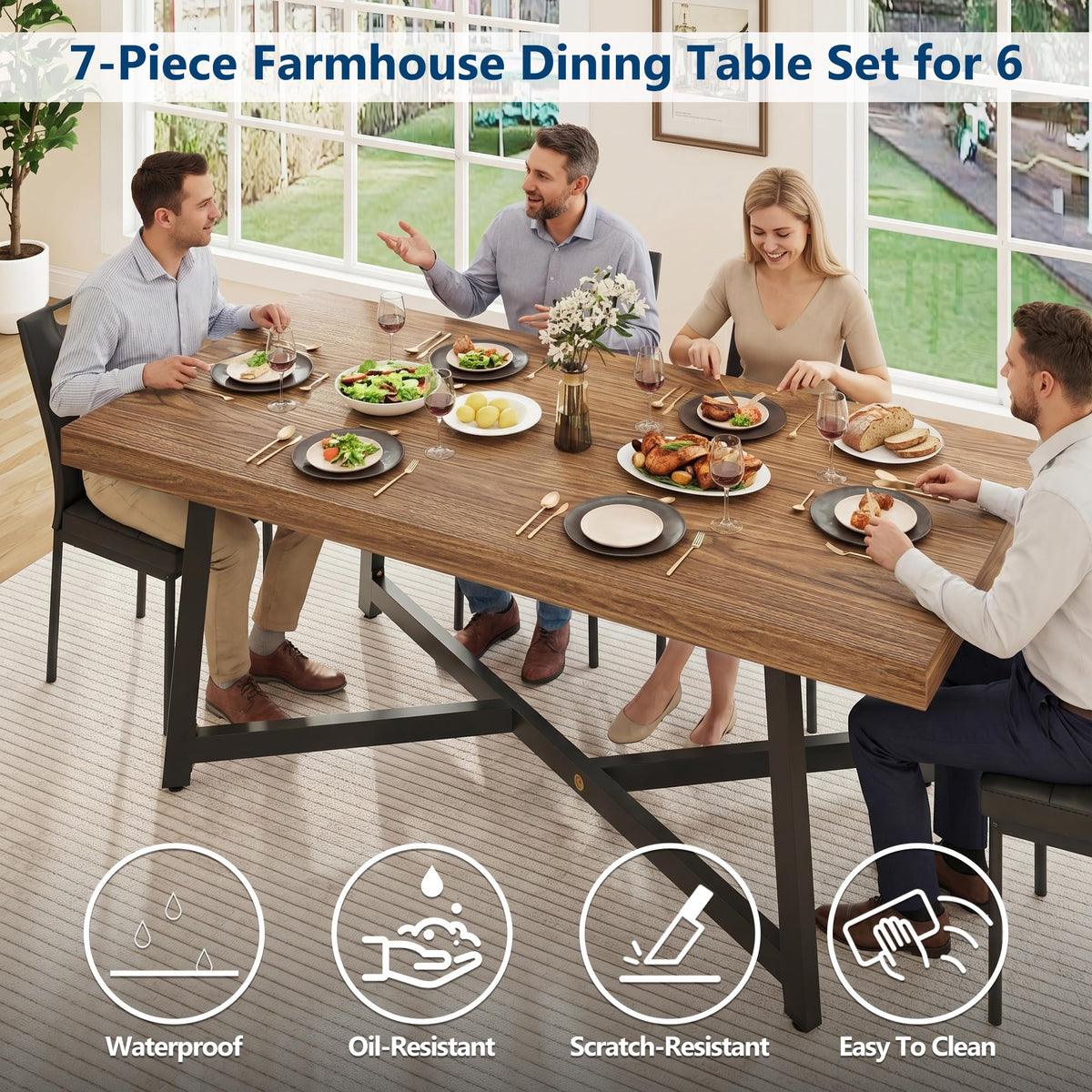 7 Pcs 71 inch Farmhouse Dining Table with Chairs Set for 6 Walnut E1415