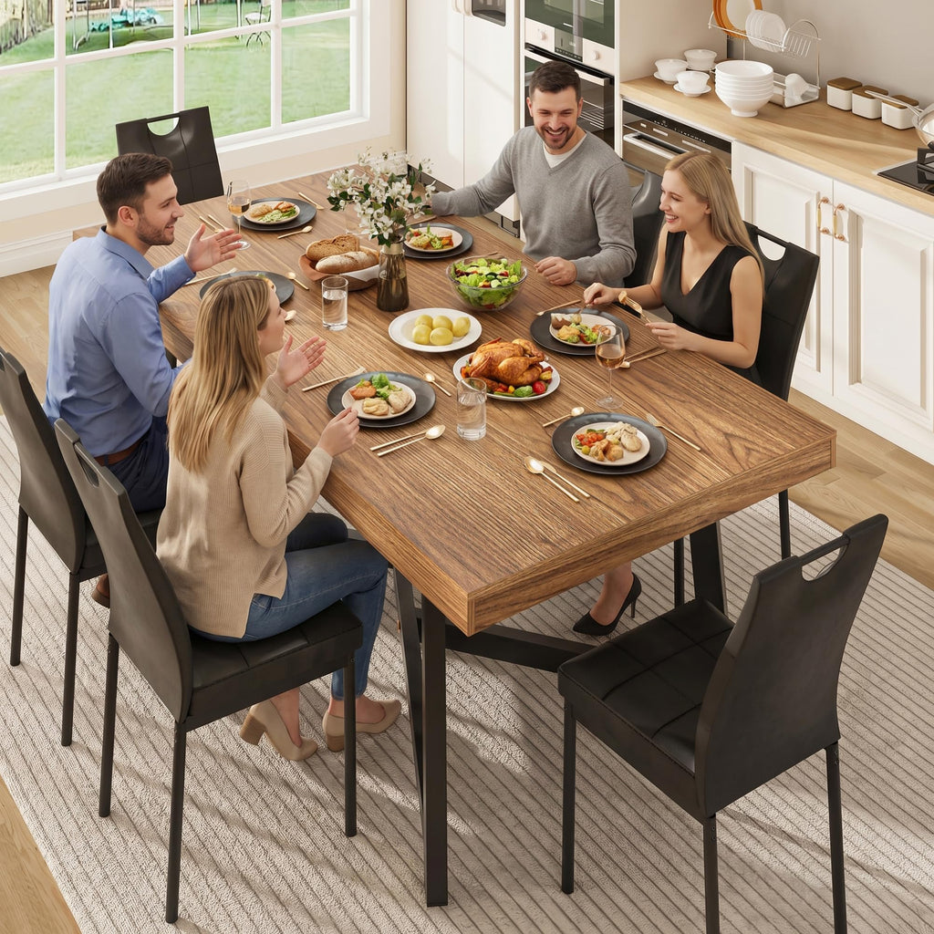 7 Pcs 71 inch Farmhouse Dining Table with Chairs Set for 6 Walnut E1415