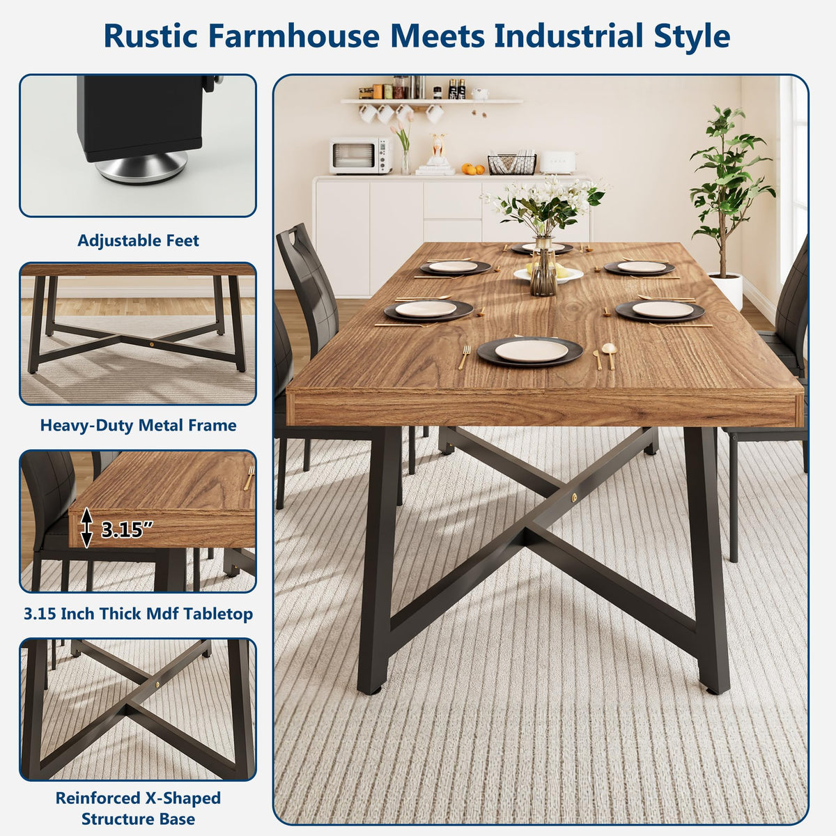 7 Pcs 71 inch Farmhouse Dining Table with Chairs Set for 6 Walnut E1415