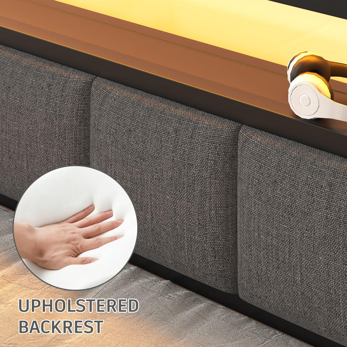 Light Grey Full Size Bed Frame with LED Lights and Charging Station Y14913